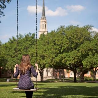 TCU女学生坐在金属秋千上的背影，背景是一簇树和TCU教堂.