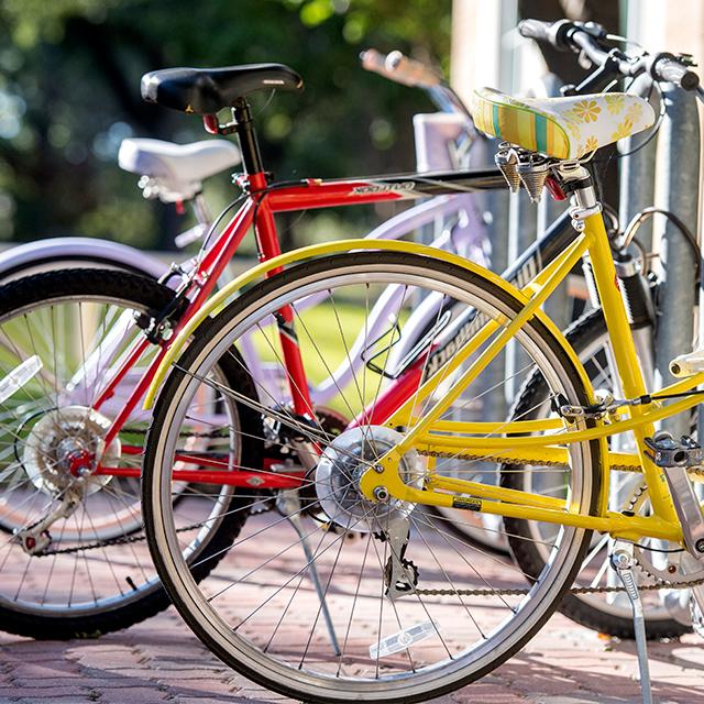 TCU校园里的自行车架，上面摆放着粉红色、红色和黄色的自行车